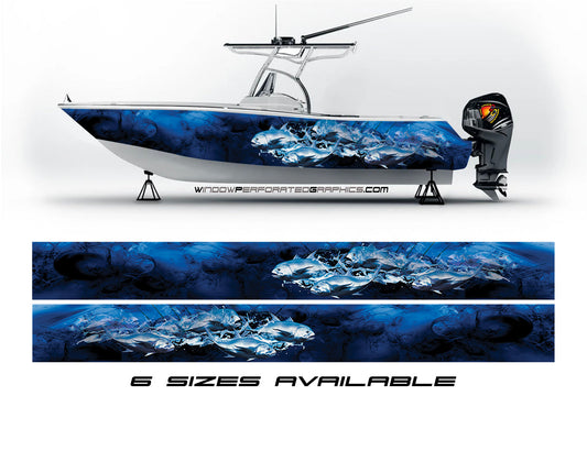 Dark Blue Smoky Fishes Graphic Vinyl Boat Wrap Decal Fishing Bass Pontoon Sportsman Tenders Console Bowriders Deck Boat Watercraft Decal For all Boats