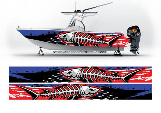 Distressed American Flag & Shark Fishbones Modern Lines Graphic Boat Vinyl Boat Wrap Fishing Pontoon Sportsman Tenders Skiffs Bowriders Deck Boats Sea Water Watercraft Decal