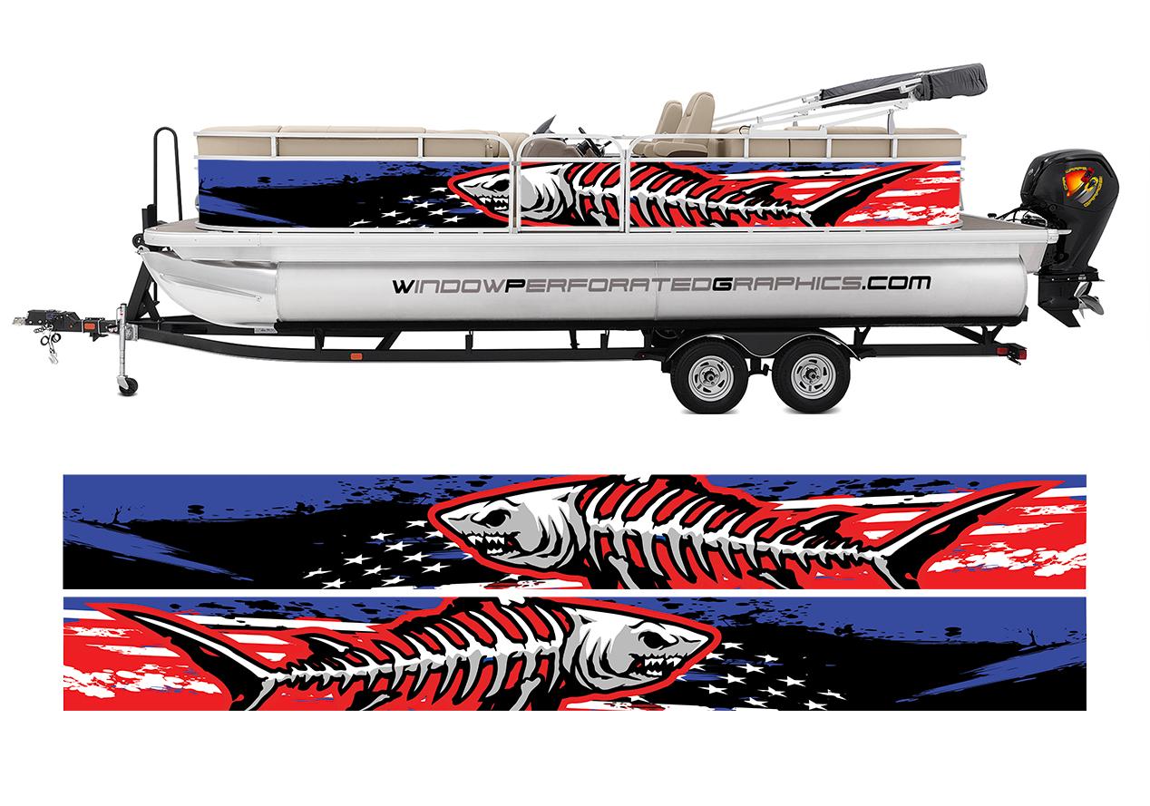 Distressed American Flag & Shark Fishbones Modern Lines Graphic Boat Vinyl Boat Wrap Fishing Pontoon Sportsman Tenders Skiffs Bowriders Deck Boats Sea Water Watercraft Decal